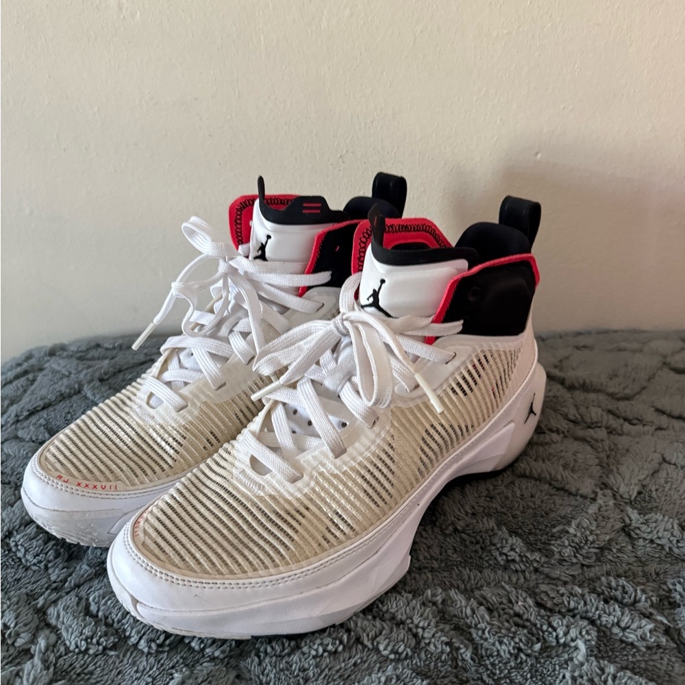 White and Red High-Top Basketball Sneakers